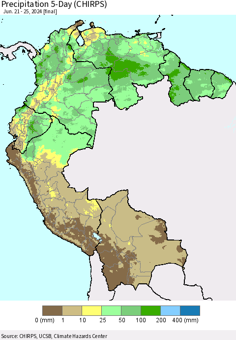 Northern South America Precipitation 5-Day (CHIRPS) Thematic Map For 6/21/2024 - 6/25/2024