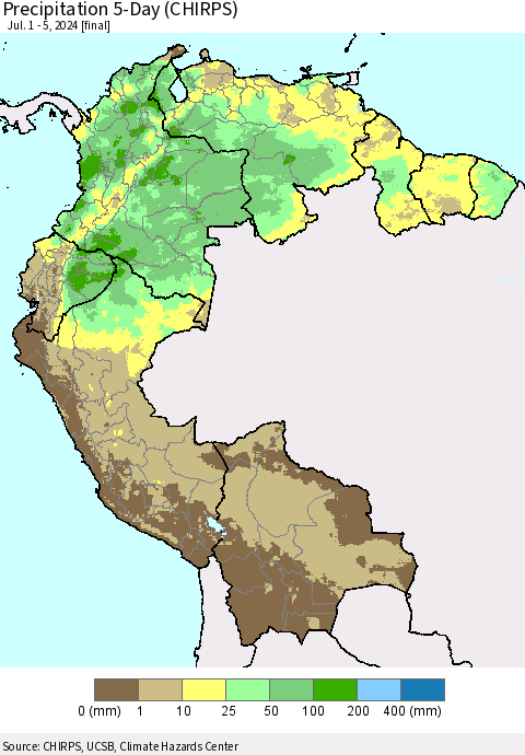 Northern South America Precipitation 5-Day (CHIRPS) Thematic Map For 7/1/2024 - 7/5/2024