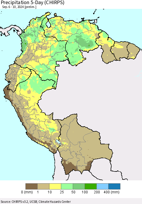 Northern South America Precipitation 5-Day (CHIRPS) Thematic Map For 9/6/2024 - 9/10/2024