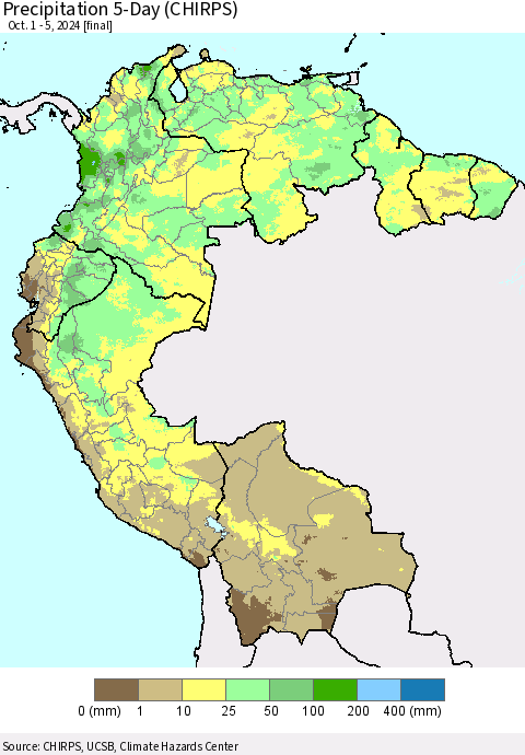 Northern South America Precipitation 5-Day (CHIRPS) Thematic Map For 10/1/2024 - 10/5/2024