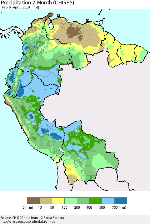 Northern South America Precipitation 2-Month (CHIRPS) Thematic Map For 2/6/2019 - 4/5/2019