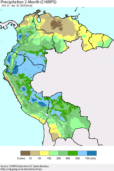 Northern South America Precipitation 2-Month (CHIRPS) Thematic Map For 2/11/2019 - 4/10/2019