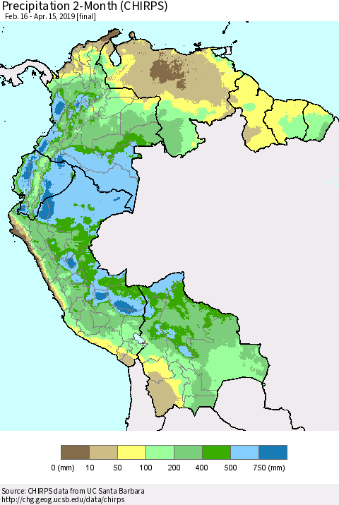Northern South America Precipitation 2-Month (CHIRPS) Thematic Map For 2/16/2019 - 4/15/2019