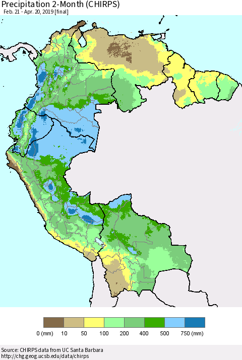 Northern South America Precipitation 2-Month (CHIRPS) Thematic Map For 2/21/2019 - 4/20/2019