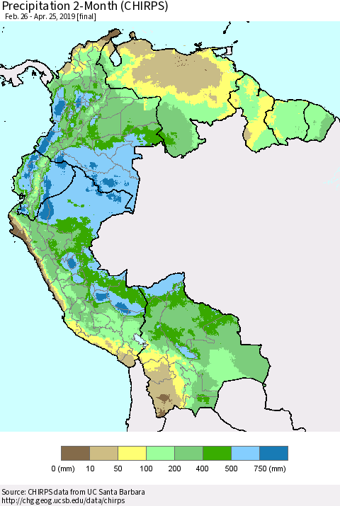 Northern South America Precipitation 2-Month (CHIRPS) Thematic Map For 2/26/2019 - 4/25/2019