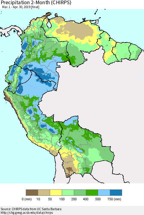 Northern South America Precipitation 2-Month (CHIRPS) Thematic Map For 3/1/2019 - 4/30/2019