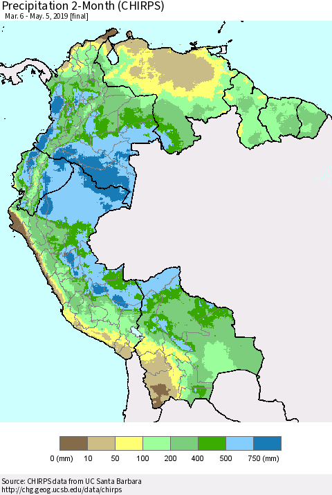 Northern South America Precipitation 2-Month (CHIRPS) Thematic Map For 3/6/2019 - 5/5/2019