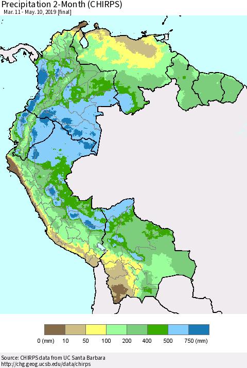 Northern South America Precipitation 2-Month (CHIRPS) Thematic Map For 3/11/2019 - 5/10/2019