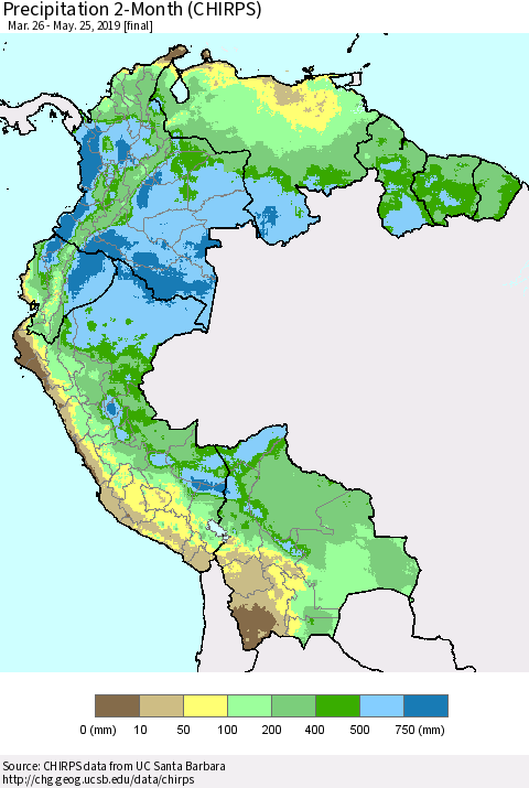 Northern South America Precipitation 2-Month (CHIRPS) Thematic Map For 3/26/2019 - 5/25/2019