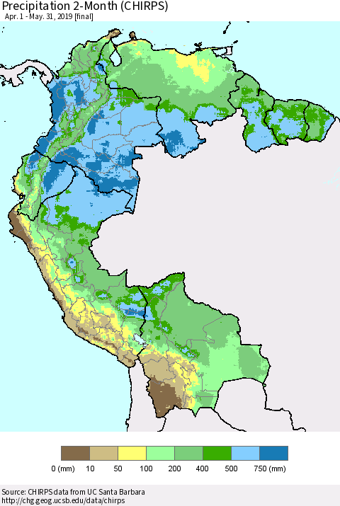 Northern South America Precipitation 2-Month (CHIRPS) Thematic Map For 4/1/2019 - 5/31/2019