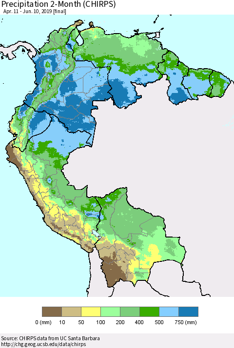 Northern South America Precipitation 2-Month (CHIRPS) Thematic Map For 4/11/2019 - 6/10/2019