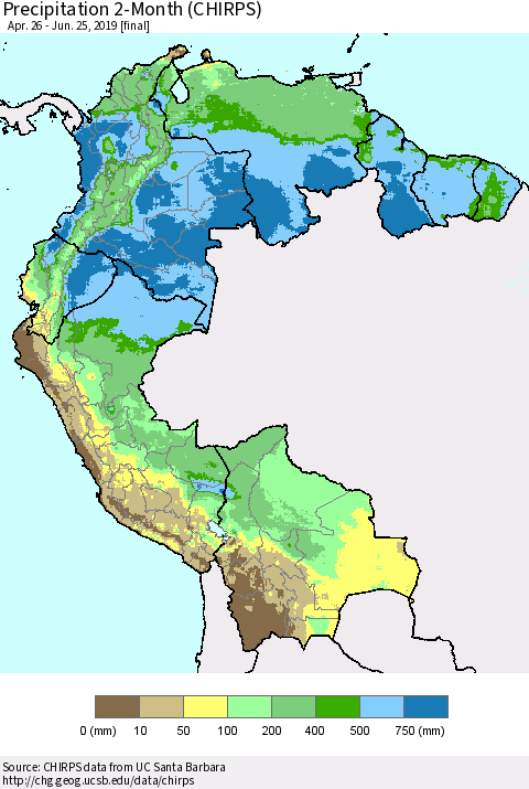 Northern South America Precipitation 2-Month (CHIRPS) Thematic Map For 4/26/2019 - 6/25/2019