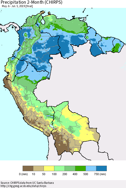 Northern South America Precipitation 2-Month (CHIRPS) Thematic Map For 5/6/2019 - 7/5/2019