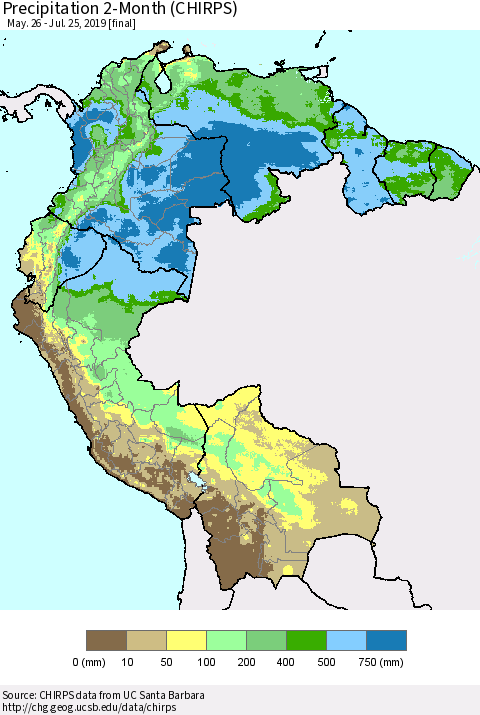 Northern South America Precipitation 2-Month (CHIRPS) Thematic Map For 5/26/2019 - 7/25/2019