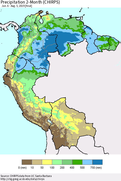 Northern South America Precipitation 2-Month (CHIRPS) Thematic Map For 6/6/2019 - 8/5/2019