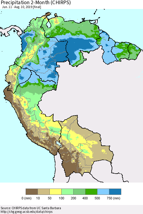 Northern South America Precipitation 2-Month (CHIRPS) Thematic Map For 6/11/2019 - 8/10/2019