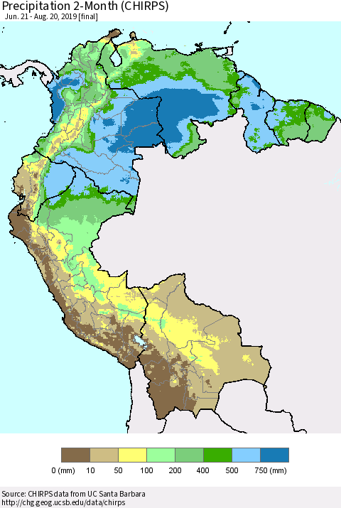 Northern South America Precipitation 2-Month (CHIRPS) Thematic Map For 6/21/2019 - 8/20/2019