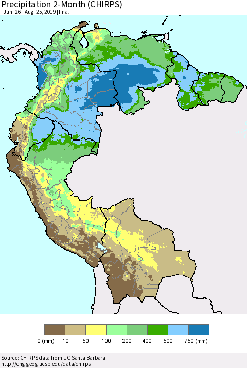 Northern South America Precipitation 2-Month (CHIRPS) Thematic Map For 6/26/2019 - 8/25/2019
