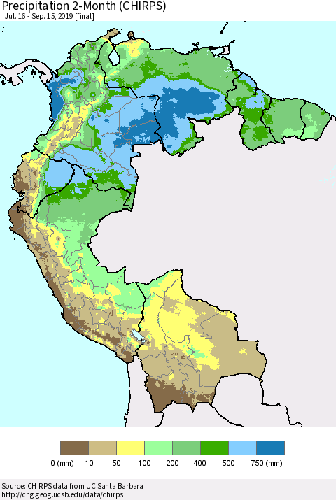 Northern South America Precipitation 2-Month (CHIRPS) Thematic Map For 7/16/2019 - 9/15/2019
