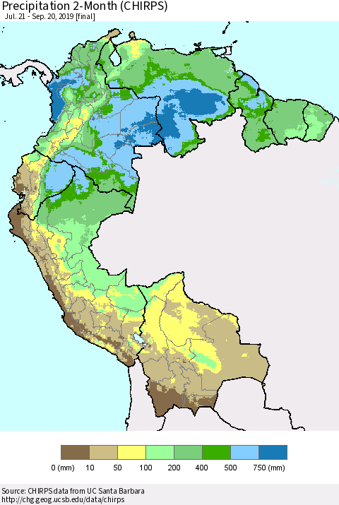 Northern South America Precipitation 2-Month (CHIRPS) Thematic Map For 7/21/2019 - 9/20/2019