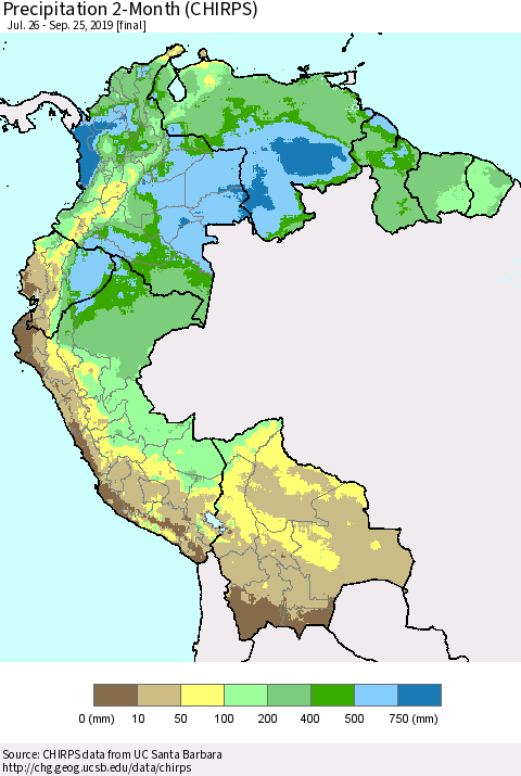 Northern South America Precipitation 2-Month (CHIRPS) Thematic Map For 7/26/2019 - 9/25/2019