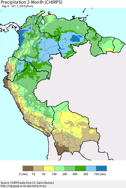 Northern South America Precipitation 2-Month (CHIRPS) Thematic Map For 8/6/2019 - 10/5/2019