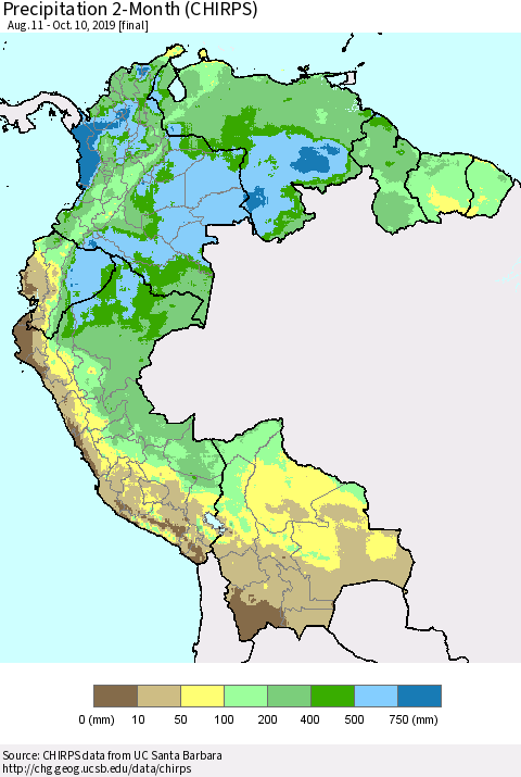 Northern South America Precipitation 2-Month (CHIRPS) Thematic Map For 8/11/2019 - 10/10/2019