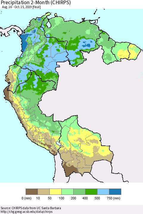 Northern South America Precipitation 2-Month (CHIRPS) Thematic Map For 8/16/2019 - 10/15/2019