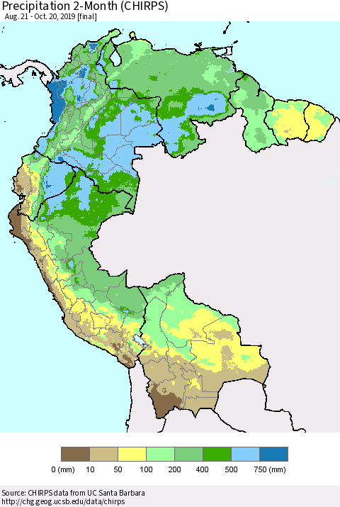 Northern South America Precipitation 2-Month (CHIRPS) Thematic Map For 8/21/2019 - 10/20/2019