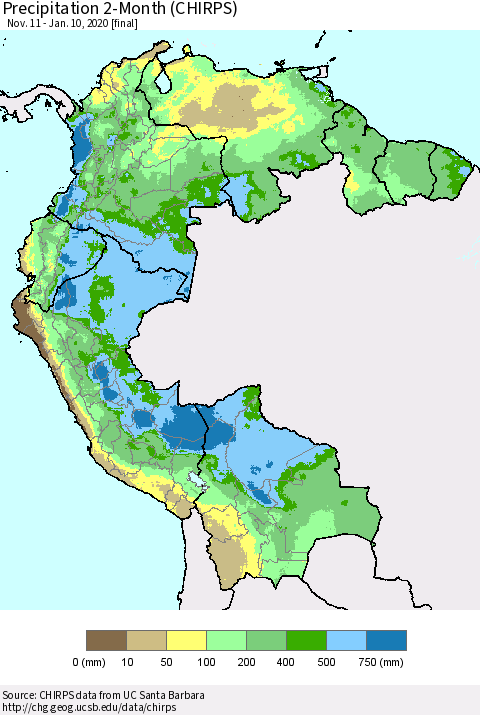 Northern South America Precipitation 2-Month (CHIRPS) Thematic Map For 11/11/2019 - 1/10/2020