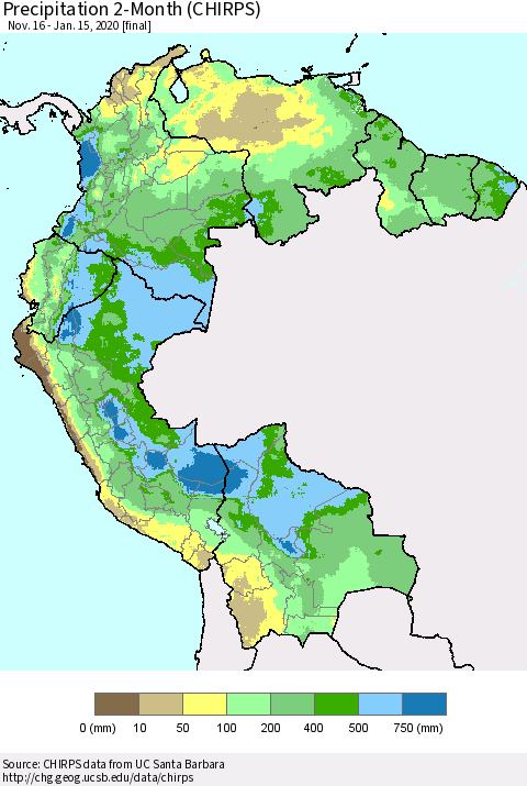 Northern South America Precipitation 2-Month (CHIRPS) Thematic Map For 11/16/2019 - 1/15/2020