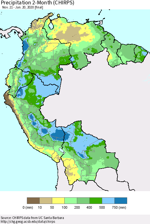 Northern South America Precipitation 2-Month (CHIRPS) Thematic Map For 11/21/2019 - 1/20/2020