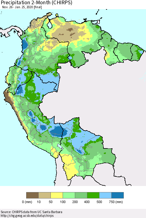 Northern South America Precipitation 2-Month (CHIRPS) Thematic Map For 11/26/2019 - 1/25/2020
