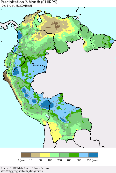 Northern South America Precipitation 2-Month (CHIRPS) Thematic Map For 12/1/2019 - 1/31/2020