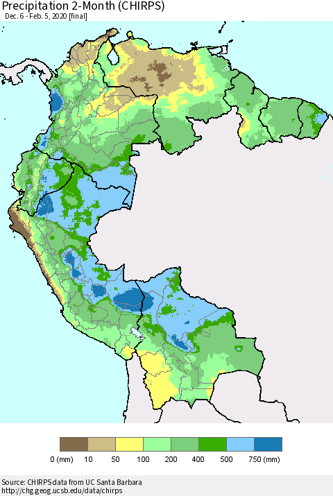 Northern South America Precipitation 2-Month (CHIRPS) Thematic Map For 12/6/2019 - 2/5/2020