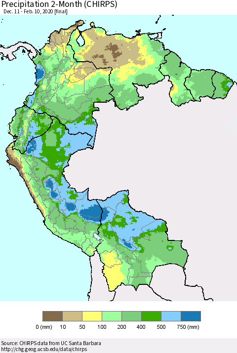 Northern South America Precipitation 2-Month (CHIRPS) Thematic Map For 12/11/2019 - 2/10/2020