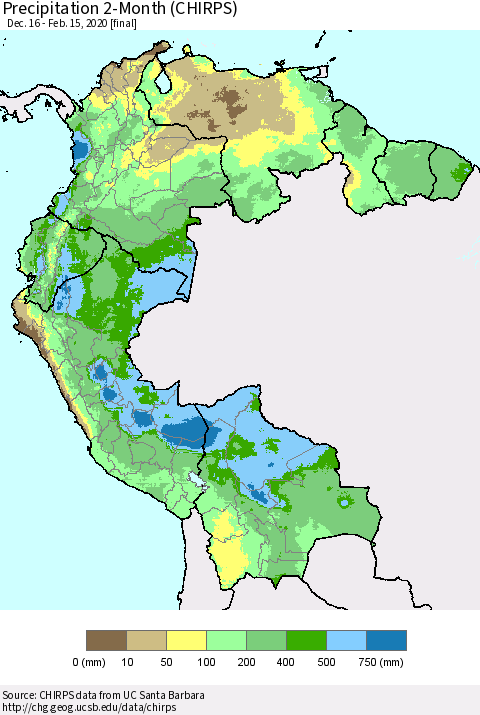 Northern South America Precipitation 2-Month (CHIRPS) Thematic Map For 12/16/2019 - 2/15/2020
