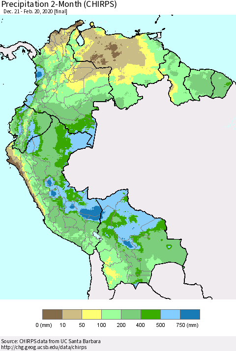 Northern South America Precipitation 2-Month (CHIRPS) Thematic Map For 12/21/2019 - 2/20/2020