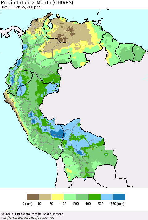Northern South America Precipitation 2-Month (CHIRPS) Thematic Map For 12/26/2019 - 2/25/2020