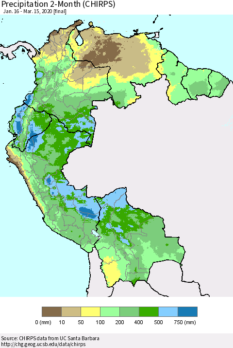 Northern South America Precipitation 2-Month (CHIRPS) Thematic Map For 1/16/2020 - 3/15/2020