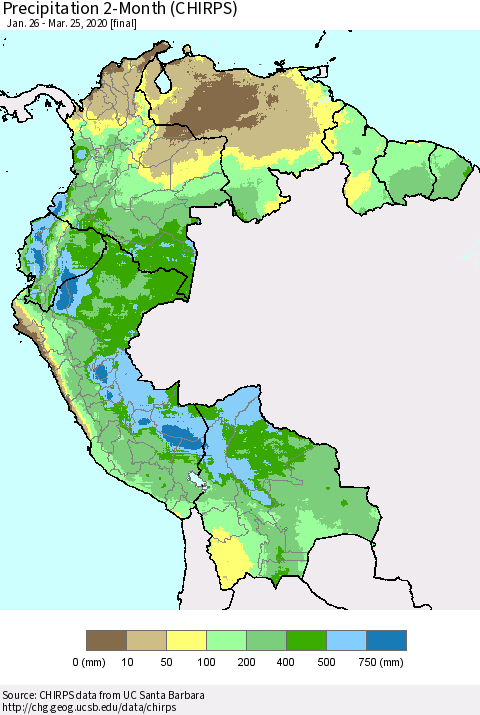 Northern South America Precipitation 2-Month (CHIRPS) Thematic Map For 1/26/2020 - 3/25/2020