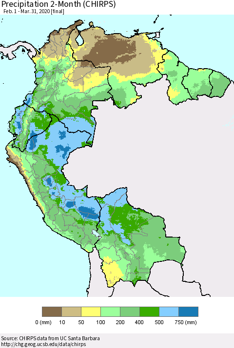 Northern South America Precipitation 2-Month (CHIRPS) Thematic Map For 2/1/2020 - 3/31/2020