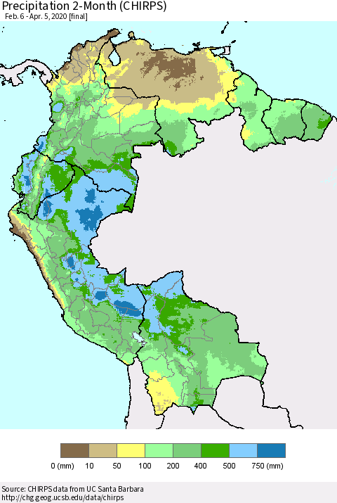 Northern South America Precipitation 2-Month (CHIRPS) Thematic Map For 2/6/2020 - 4/5/2020