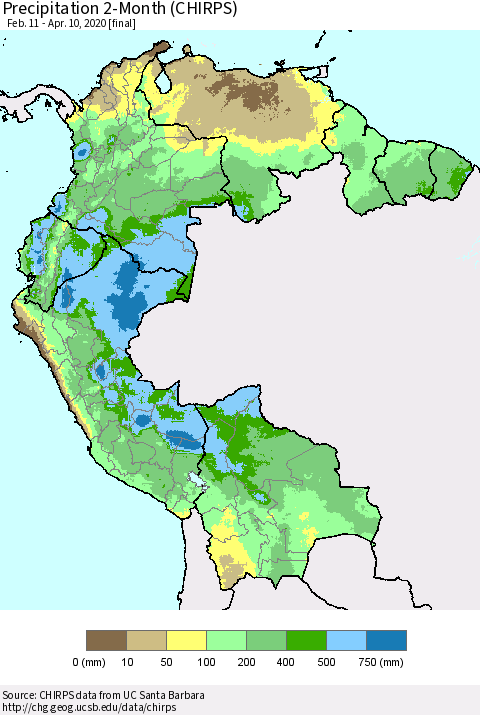 Northern South America Precipitation 2-Month (CHIRPS) Thematic Map For 2/11/2020 - 4/10/2020