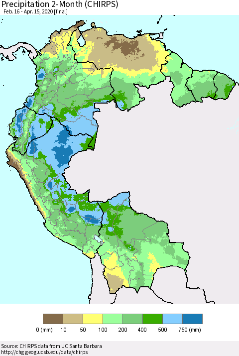 Northern South America Precipitation 2-Month (CHIRPS) Thematic Map For 2/16/2020 - 4/15/2020
