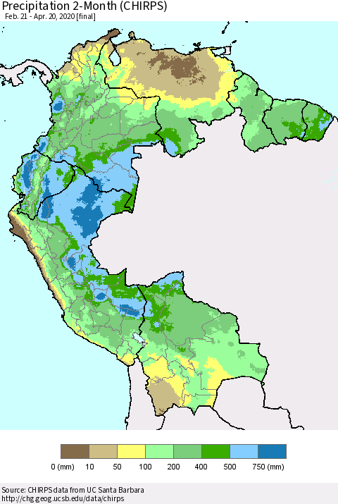 Northern South America Precipitation 2-Month (CHIRPS) Thematic Map For 2/21/2020 - 4/20/2020