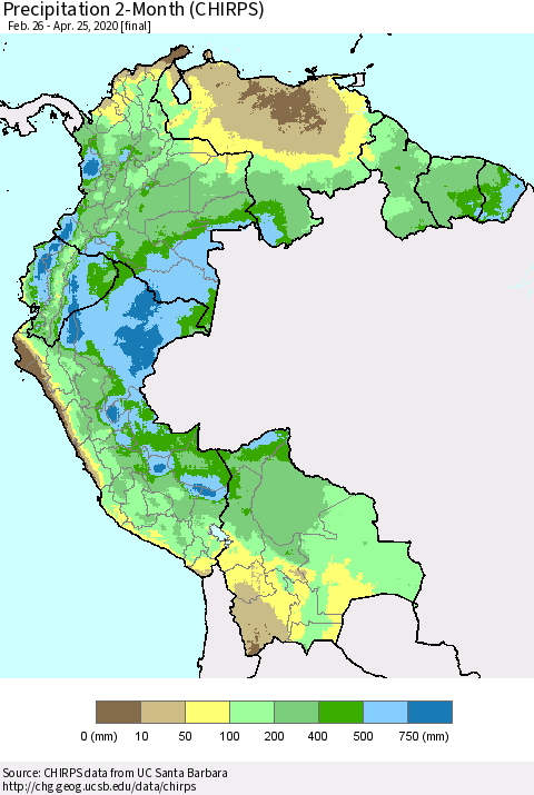 Northern South America Precipitation 2-Month (CHIRPS) Thematic Map For 2/26/2020 - 4/25/2020