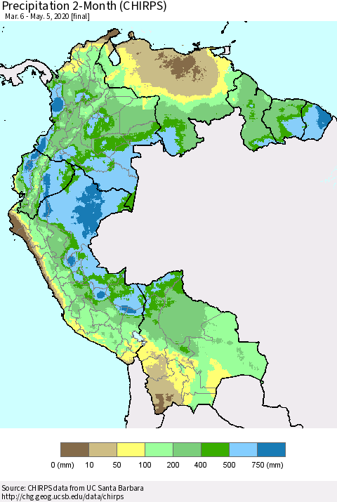 Northern South America Precipitation 2-Month (CHIRPS) Thematic Map For 3/6/2020 - 5/5/2020