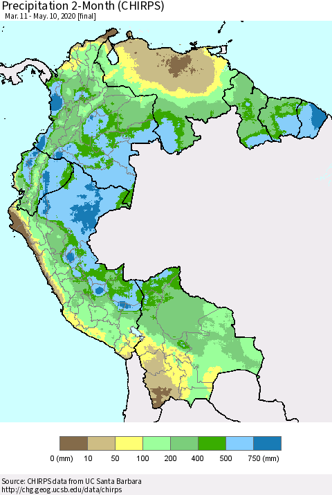 Northern South America Precipitation 2-Month (CHIRPS) Thematic Map For 3/11/2020 - 5/10/2020