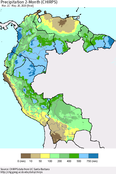 Northern South America Precipitation 2-Month (CHIRPS) Thematic Map For 3/21/2020 - 5/20/2020